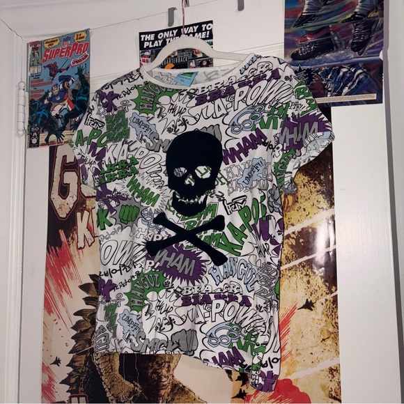 RAW BLUE LADY Graffiti/Comic Vintage Y2K Skull Baby Tee - Picture 1 of 7